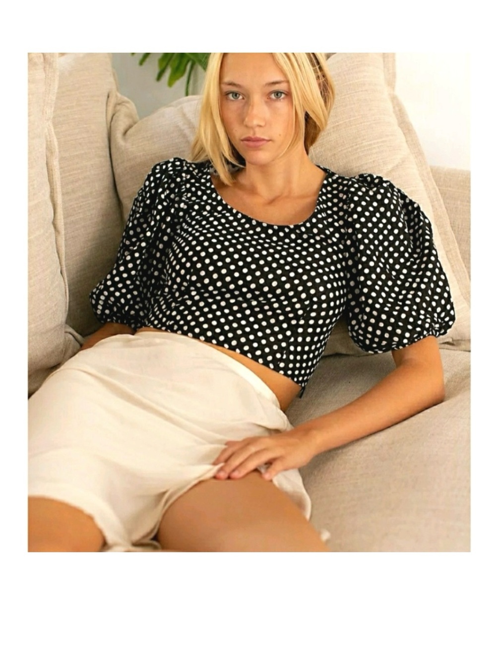 Free People Black White Polka Dot Puff Sleeve Crop Top Women’s Size 8